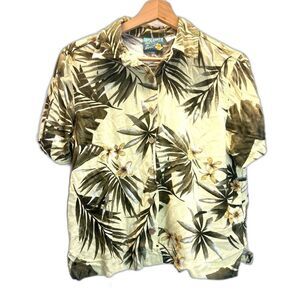 90s Bahama Beach Tropical Hawaiian Floral Hibiscus Shirt Sage Green Yellow S